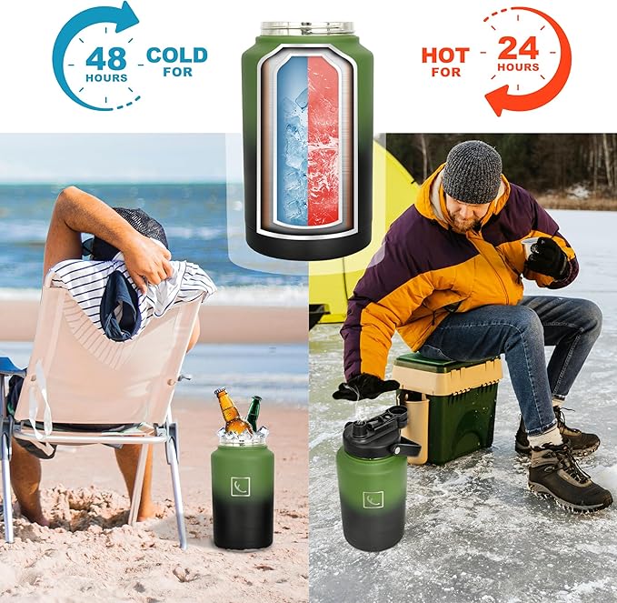 NATURE PIONEOR One Gallon Water Bottle Insulated - Large Double Vacuum Stainless Steel 128 oz Water Bottle with Holder/Carrier, 1 Gallon Water Jug 2 in 1 LID, Flip Straw and Spout, Wide Mouth