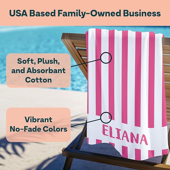 Ships Next Day - Personalized Beach Towel for Kids & Adults - Printed in USA - Custom Towels with Picture and Text - Quick Dry Pool Towels - Cotton/Poly Blend - 30" x 60" - Cabana Stripes