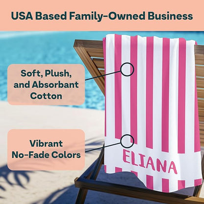 Ships Next Day - Personalized Beach Towel for Kids & Adults - Printed in USA - Custom Towels with Picture and Text - Quick Dry Pool Towels - Cotton/Poly Blend - 30" x 60" - Cabana Stripes