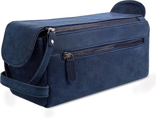 LEATHER VILLAGE Premium Leather Travel Toiletry Bag - Water-Resistant Dopp Kit for Toiletries, Large Shaving Bag & Bathroom Organizer - Gift for Men & Women - Royal Blue