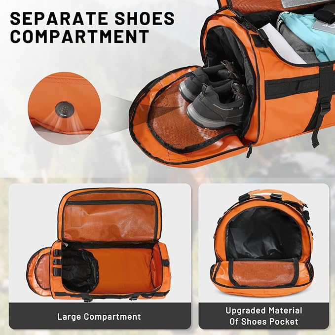 MIER Large Duffle Backpack Sports Gym Bag with Shoe Compartment, Heavy Duty and Water Resistant, Orange, 90L