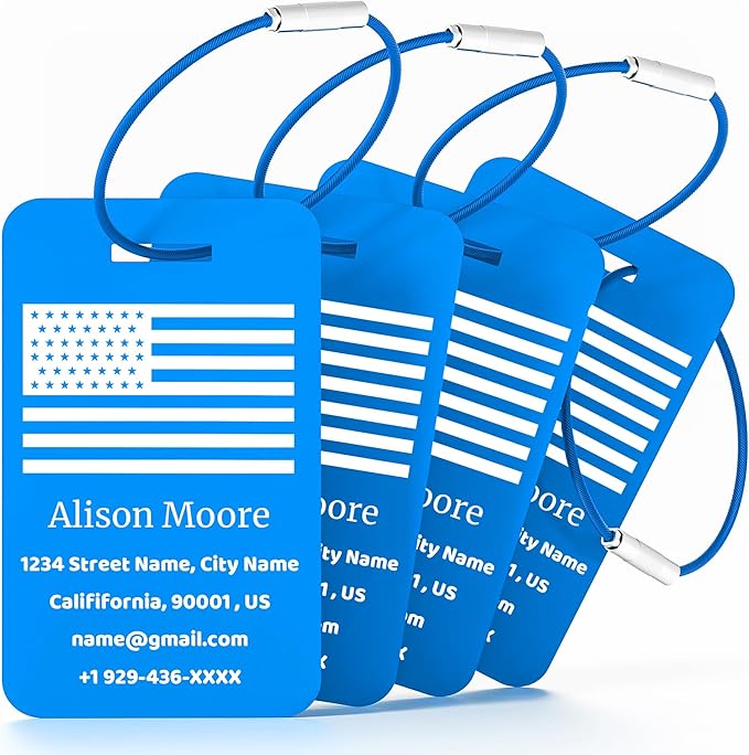 4 PCS Personalized Luggage Tags for Suitcases, Custom Aluminum Luggage Tags for Bags and Backpacks, Waterproof & Heavy Duty Personalized Metal Name Tags for Travel (Blue)