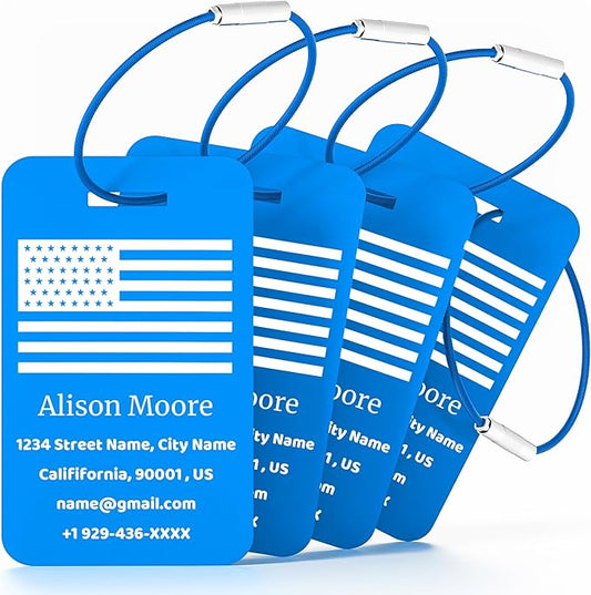 4 PCS Personalized Luggage Tags for Suitcases, Custom Aluminum Luggage Tags for Bags and Backpacks, Waterproof & Heavy Duty Personalized Metal Name Tags for Travel (Blue)