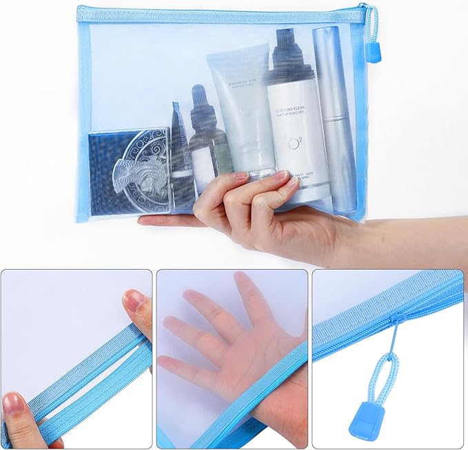 12 Pieces Zipper Nylon Mesh Pouch, Mesh Cosmetic Bags Makeup Bags Pencil Case, Multipurpose Travel Bags for Cosmetic School Office Supplies and Travel Accessories (Sky Blue, A5)