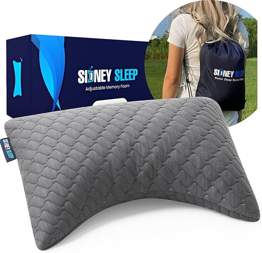 Sidney Sleep Mini Travel Size Neck Pillow - Knee, Back Lumbar and Support - Small Curved Pillow - 14 x 19 Inches - Adjustable Loft - Washable - Drawstring Backpack Included (Mini - Grey)