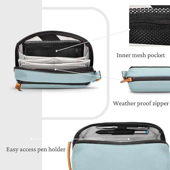 Tech Bag Organizer - Small Electronics Organizer Pouch for Travel - Premium Travel Case with Leather Accents - Mesh Pocket for Cables, Cords and Chargers (Dusty Teal)