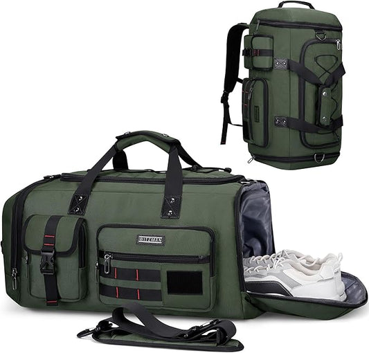 WITZMAN Travel Duffel Bags for Men Large Carry On Weekender Overnight Bag 3 in 1 Backpack with Shoe Compartment (B693 Army Green）