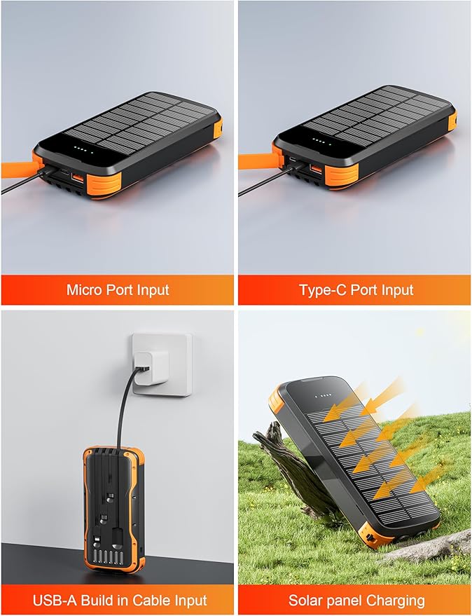 Solar Power Bank 40000mAh, Portable Charger PD 20W Fast Charging Solar Charger Power Bank Built in 4 Cables and USB-C in/Output, Camping Essentials External Battery Pack with Flashlights