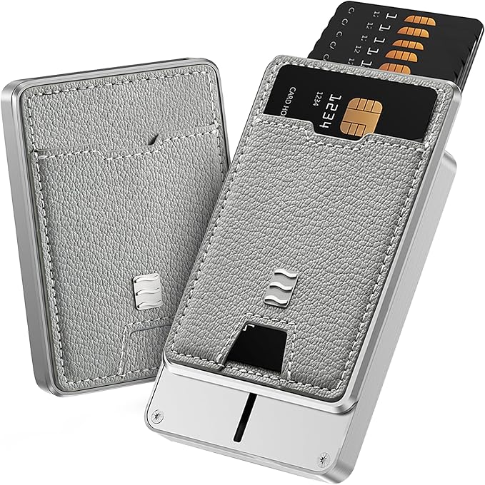 RFID Blocking Wallet, Minimalist Card Holder with Quick Access, Holds 1 to 12 Cards & Cash, Vegan Leather & Brushed Aluminum, Gift-Ready Packaging (Gray)