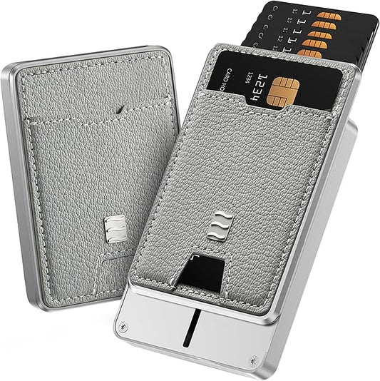 RFID Blocking Wallet, Minimalist Card Holder with Quick Access, Holds 1 to 12 Cards & Cash, Vegan Leather & Brushed Aluminum, Gift-Ready Packaging (Gray)