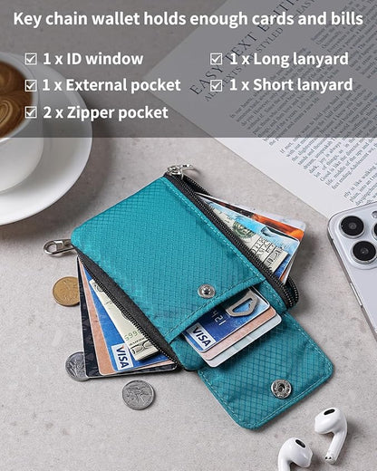 Minimalist Wallet For Mens Womens, Keychain RFID Blocking Zipper Small Wallet with ID Window 2 Lanyards,Water Resistant Travel Cash Card Coin Case Boys Girls