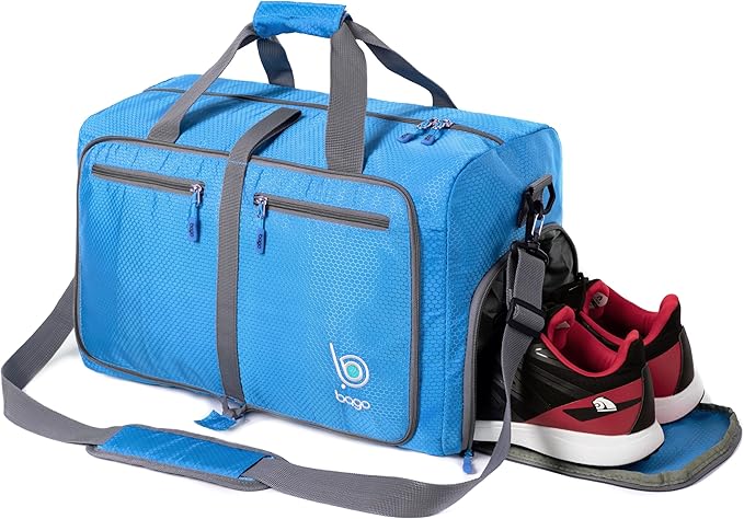 Bago Foldable Duffel Bags for Traveling Women & Men - 40L Sports Packable Duffle Bag for Travel with Shoe Compartment - Water Repellant, Heavy Duty, Lightweight Folding & Collapsible (Blue)