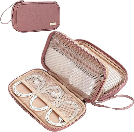 NISHEL Travel Cord Organizer Case, Double Layers Tech Electronic Case, Travel Essentials for Charger, Cable, Phone, Flash drive, Medium, Rose-wood Pink