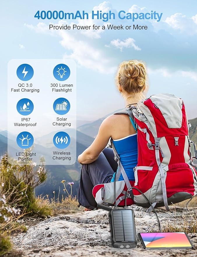 Solar Charger Power Bank, 40000mAh Wireless Portable Charger QC3.0 PD 20W Fast Charging with USB-C in/Output, External Battery Pack with Dual Flashlights Hiking Camping Essential