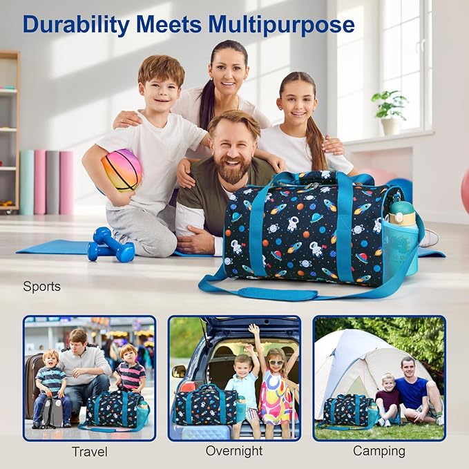 Bagseri Sports Bag for Boys - Waterproof Kids Gym Bag for Travel Sleepover Overnight Duffle Bag with Shoe Compartment and Dry Wet Separation Pockets (Blue Space Astronaut)