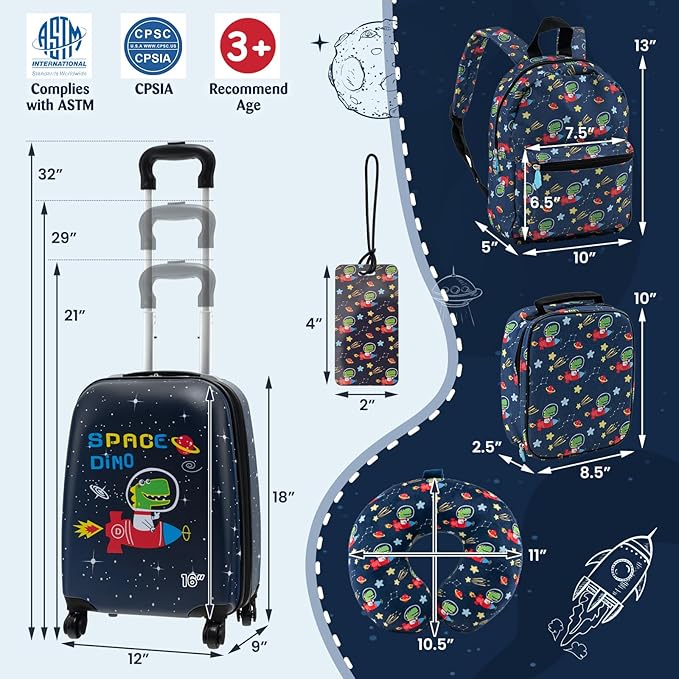 Goplus 5 Piece Kid’s Luggage Set, 16” Carry on Suitcase w/13” Backpack, Neck Pillow, Hardside Spinner Toddler Luggage, Travel Rolling Suitcase for Boys Girls Gifts (Navy, Space Dino)