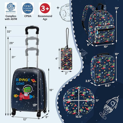 Goplus 5 Piece Kid’s Luggage Set, 16” Carry on Suitcase w/13” Backpack, Neck Pillow, Hardside Spinner Toddler Luggage, Travel Rolling Suitcase for Boys Girls Gifts (Navy, Space Dino)