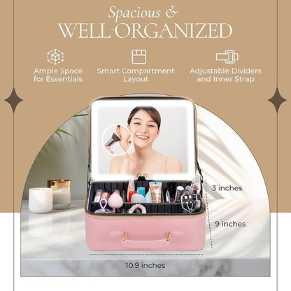 BAREZ Premium PU Leather Makeup Bag With LED Mirror - 3 Brightness Mirror Light Settings - Adjustable Dividers - Removable Mirror Waterproof Cosmetic Travel Bag - A Luxury Gift for Her (Pink)