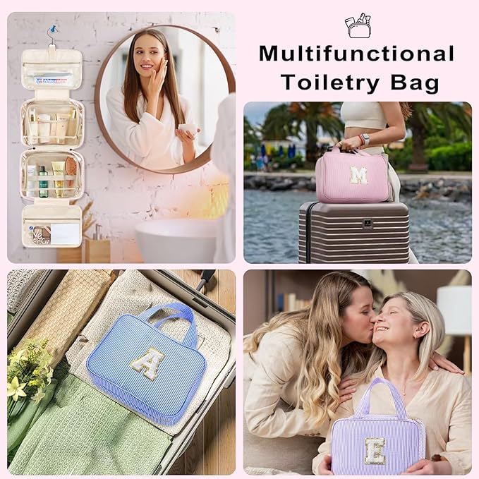 TOPEAST Travel Toiletry Bag for Women - Hanging Toiletry Bag Initial Makeup Bag, Portable Toiletries Cosmetic Bag, Airplane Travel Essentials - Letter I, Pink
