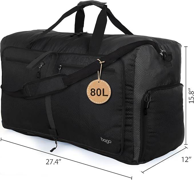 Bago Large Foldable Duffel Bags for Traveling Women & Men - 80L Packable Duffle Bag for Travel with Shoe Compartment - Water Repellant, Heavy Duty, Lightweight Folding & Collapsible (All Black)
