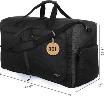 Bago Large Foldable Duffel Bags for Traveling Women & Men - 80L Packable Duffle Bag for Travel with Shoe Compartment - Water Repellant, Heavy Duty, Lightweight Folding & Collapsible (All Black)