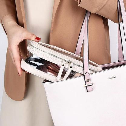 Pinkmik Makeup Brush Case Clear Travel Cosmetic & Toiletry Bag Slim Makeup Bag with Zipper Small Purse Organizer Car Essential Bag for Women (Beige, SLIM-2)