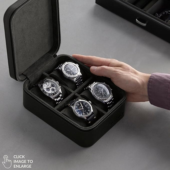 TAWBURY Watch Case - 4 Slot Genuine Top-Grain Leather Watch Box for Men & Women with Extra Wide Pillows for Large Watches - Portable Wristwatch Storage for Home & Travel (Black)