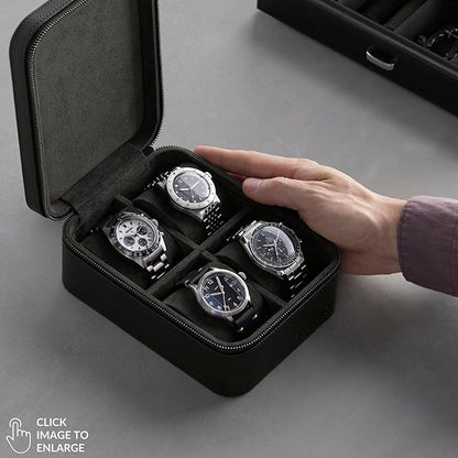 TAWBURY Watch Case - 4 Slot Genuine Top-Grain Leather Watch Box for Men & Women with Extra Wide Pillows for Large Watches - Portable Wristwatch Storage for Home & Travel (Black)