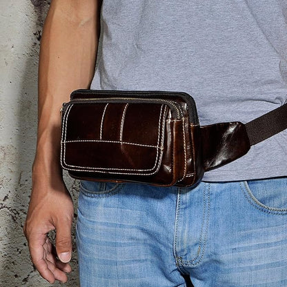 Rugged Pull-Up Leather Waist Bag for Men Full Grain Vintage Outdoor Compact Hip Pouch with Gift Box (Coffee)