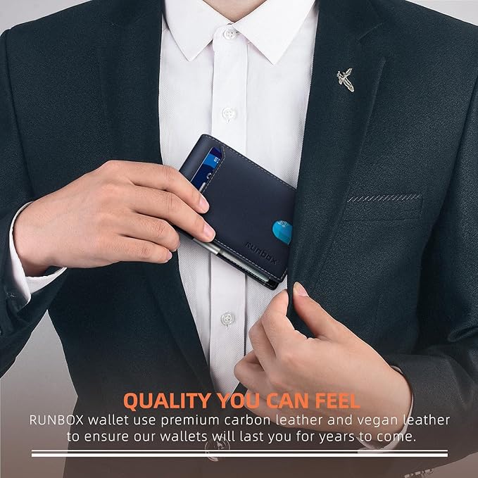 RUNBOX Slim Wallets for Men - Leather Money Clip Mens Wallet - RFID Blocking Front Pocket Bifold Wallet - Thin Credit Card Holder with Gift Box