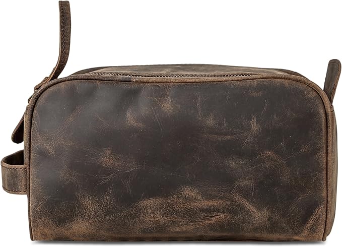KomalC Leather Toiletry Bag For Men & Women, Handcrafted Buffalo Leather Travel Kit, Water-Resistant Shaving Bag For Men Travel, Premium Rustic Toiletry Pouch with Zipper Closure