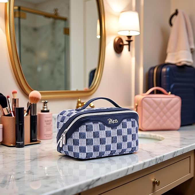 BOYATU Travel Makeup Bag for Women: Large Cosmetic Bag Set of 3 - PU Leather Make up Bag with Compartments - Compact Waterproof Toiletry Bag with Divider & Handle (D-5-Deep Blue)