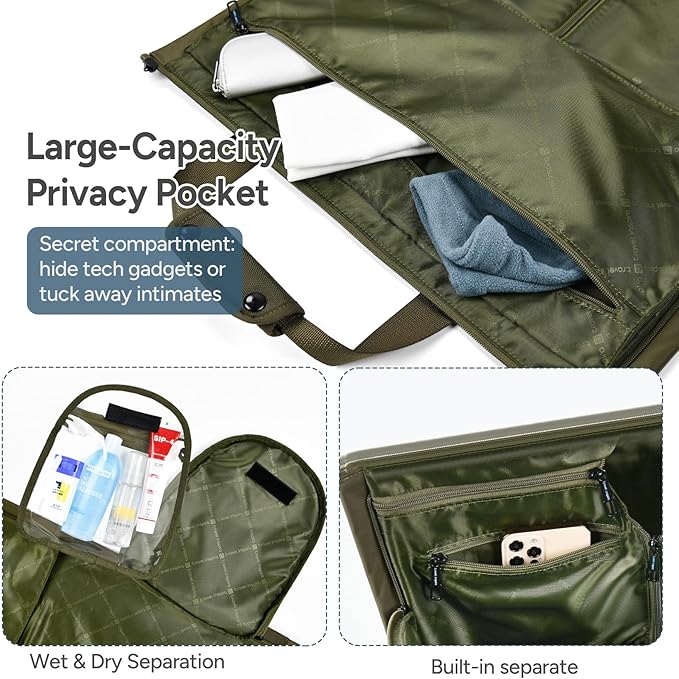 travel inspira Convertible Garment Bag 2 in 1 Carry On Garment Duffle Weekender 45L with Extended Shoe Compartment, Waterproof Nylon, Hanging Hook for Travel Business Men, Army Green