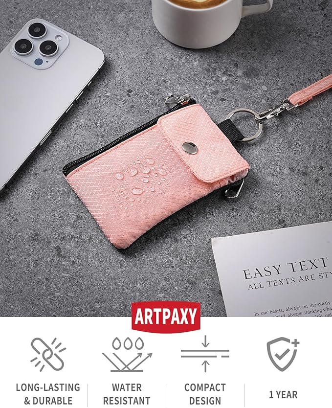 Minimalist Wallet For Mens Womens, Keychain RFID Blocking Zipper Small Wallet with ID Window 2 Lanyards,Water Resistant Travel Cash Card Coin Case Boys Girls