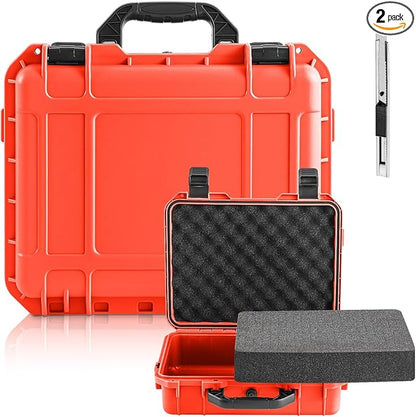 1 Pcs 8.5 x 6.5 x 3.7 Inch Waterproof Hard Case with DIY Customizable Foam Insert Portable Protective Case with Knife for Camera Drones Equipments Tools Test Instruments (Reddish Orange)