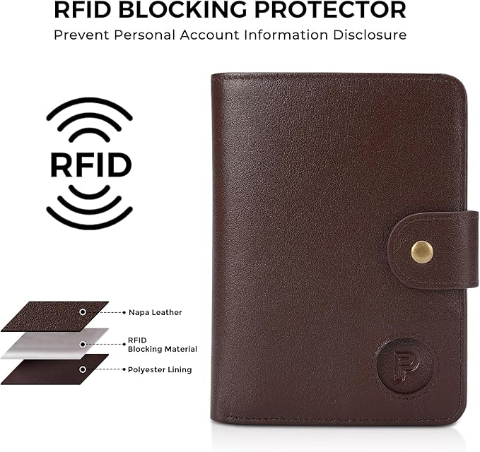 Polare Luxury RFID Blocking Leather Passport Holder Travel Wallet For Men and Women (Coffee with AirTag Slot(Snap Version))