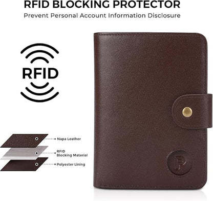 Polare Luxury RFID Blocking Leather Passport Holder Travel Wallet For Men and Women (Coffee with AirTag Slot(Snap Version))