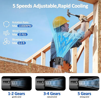 Portable Mini Waist Fan, Personal Waist Clip Fan With Max 20H Working Time, 5 Speeds 11000RPM Strong Airflow, Rechargeable Hands-free Wearable Belt Fan for Outdoor Jobsite Camping Traveling Fishing