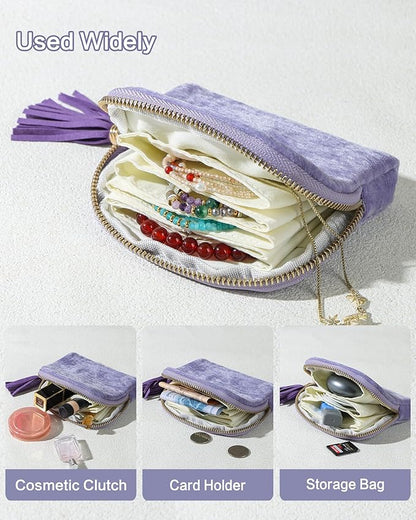 Small Travel Jewelry Case, Mini Travel Jewelry Bag with Zipper, 5-Layer Velvet Organizer Pouch for Bracelet Rings Earrings - Chenille Velvet Light Purple