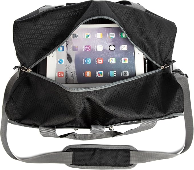 Bago Foldable Duffel Bags for Traveling Women & Men - 40L Sports Packable Duffle Bag for Travel with Shoe Compartment - Water Repellant, Heavy Duty, Lightweight Folding & Collapsible (Black)