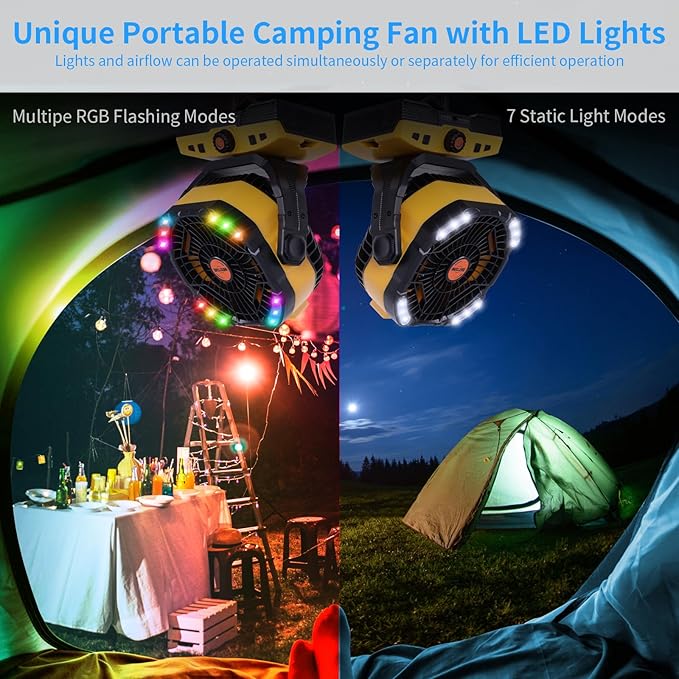 Camping Fan 20000mAh Rechargeable Battery Operated fan Outdoor Tent Fan with Light & Hook 270° Pivot, knob Speeds, Personal fan USB Desk Fan for Camping Power Outage Yellow X68