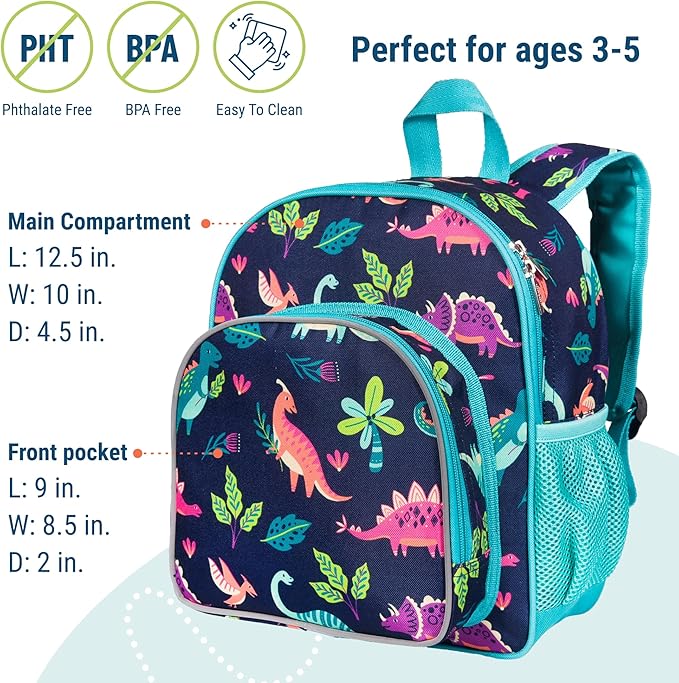Wildkin 12-inch Kids Backpack – Padded, Adjustable, Ideal for Daycare & Travel - Darling Dinosaurs