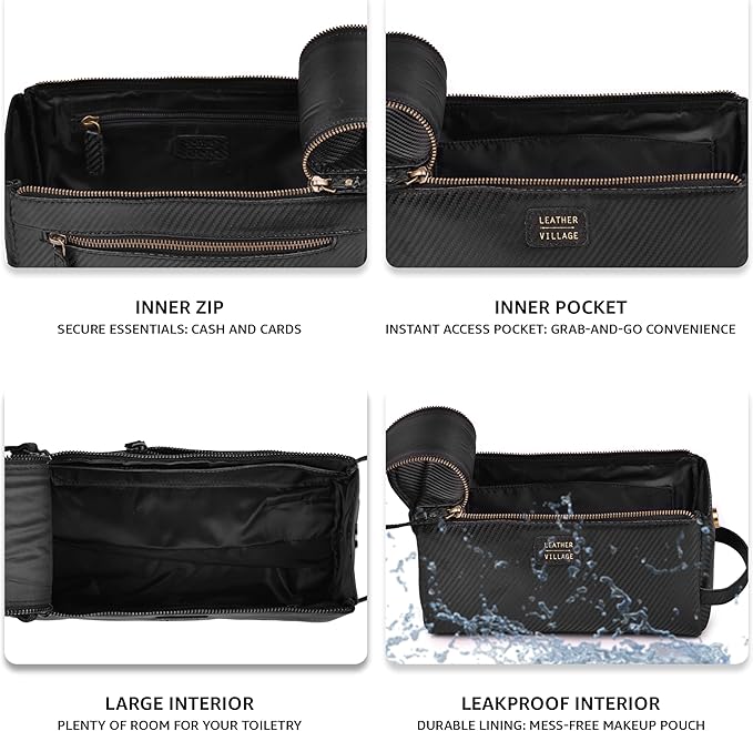 LEATHER VILLAGE Premium Carbon Fiber Genuine Leather Travel Toiletry Bag - Large Dopp Kit, Water-Resistance Bathroom & Shaving Organizer for Men & Women - Black