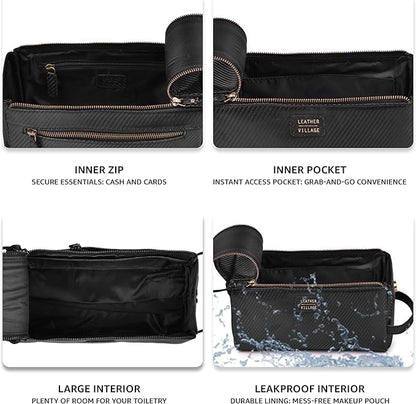 LEATHER VILLAGE Premium Carbon Fiber Genuine Leather Travel Toiletry Bag - Large Dopp Kit, Water-Resistance Bathroom & Shaving Organizer for Men & Women - Black