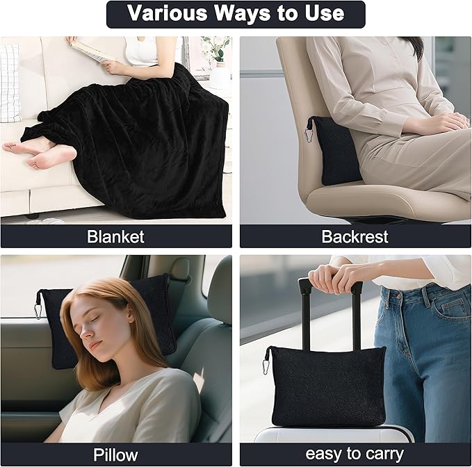 2-in-1 Convertible Travel Blanket & Pillow-Ultra Soft, Compact & Packable with Hand Luggage Sleeve and Backpack Clip for Flight & Car,Black