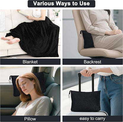 2-in-1 Convertible Travel Blanket & Pillow-Ultra Soft, Compact & Packable with Hand Luggage Sleeve and Backpack Clip for Flight & Car,Black