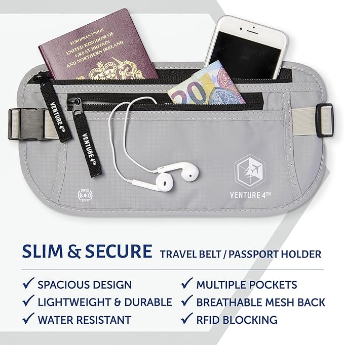 VENTURE 4TH Slim Minimalist Design RFID Money Belt with RFID Blocking Sleeves, for Men and Women – Ideal for Keeping Your Cash, Credit Card, Passport, Phone Secure When Traveling - Silver