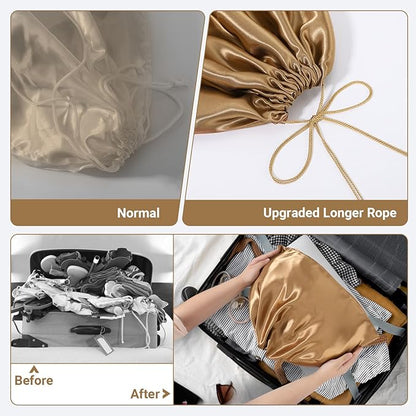 Ewen Pack of 7 Dustproof Drawstring Satin Shoe Bags with Blank Tags, 19.6x15.7in Dustbags for Handbags, Brown Travel Essentials Packing Bag Purse Organizer for Closet Home Storage Jewelry Organization