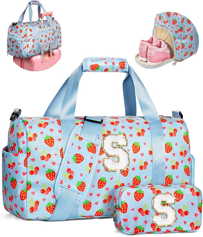 Cute Gifts for Girls, Travel Duffle Bag for Kids, Initial Overnight Sleepover Weekender Bag with Toiletry Pouch, Birthday Christmas Gift Ideas for 4-8, 8-12, 13-16 Year Old Girl, Trendy Stuff