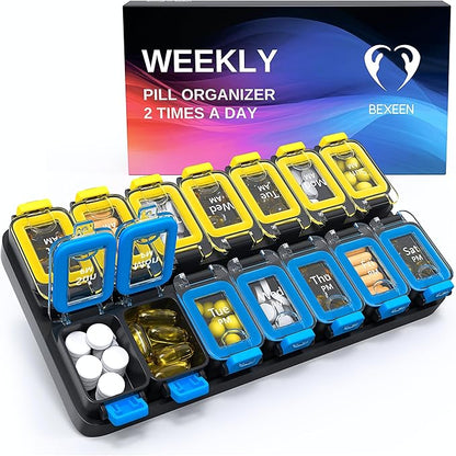 Large Weekly Pill Organizer 2 Times a Day – AM/PM Medicine Organizer with Thick Silicone Seal, Upgraded Secure Locks, Moisture-Proof Pill Box with Removable Rows for Travel, Fits Large Supplements